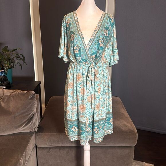 Women V-Neck Bohemian Blue Floral Print Short Summer Dress Cover Up Size 3XL NEW - Picture 3 of 14